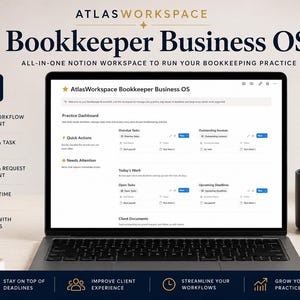 Op de afbeelding: Een laptopscherm met het AtlasWorkspace Bookkeeper Business OS, een Notion-dashboard voor praktijkbeheer. De interface toont secties voor taken, facturen en deadlines. De tekst bevat Client & Workflow Management, Deadlines & Task Tracking, Document & Request Management, Invoices & Time Tracking en AI Toolkit with 25+ Prompts.
