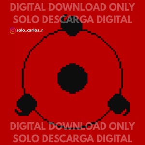 Könnte beinhalten: Grafik für digitalen Download auf rotem Hintergrund. Das Design zeigt eine schwarze Kreisform mit drei kleineren schwarzen Kreisen darum. Der Text "DIGITAL DOWNLOAD ONLY" und "SOLO DESCARGA DIGITAL" werden angezeigt.