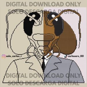 Puede incluir: Un patrón de punto de cruz digital con un diseño dividido de un personaje insecto con traje. El lado izquierdo es un dibujo lineal en blanco y negro, mientras que el derecho está coloreado en marrón, negro y gris. Texto: DIGITAL DOWNLOAD ONLY, solo_carlos_r, carlosars_00.