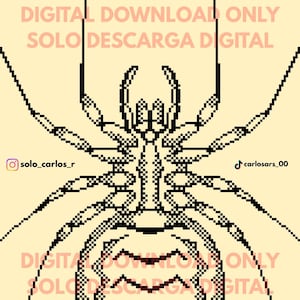 May include: A black pixel art illustration of a spider centered on a pale yellow background. The text DIGITAL DOWNLOAD ONLY and SOLO DESCARGA DIGITAL appears at the top and bottom. Social media handles solo_carlos_r and carlosars_00 are visible.
