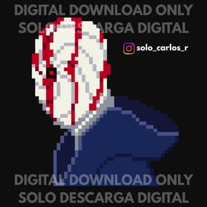 May include: Pixelated digital art featuring a white mask with red streaks and a single red eye, set against a dark background. The image includes the text "DIGITAL DOWNLOAD ONLY" and "SOLO DESCARGA DIGITAL". The Instagram handle "solo_carlos_r" is also visible.