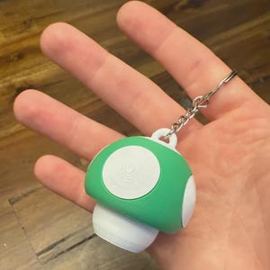 Può includere: Un portachiavi a forma di fungo verde e bianco caratterizzato da un cappello arrotondato con un cerchio bianco centrale e una base bianca. L'oggetto è fissato a un anello in metallo color argento tramite una catenella, un accessorio compatto.