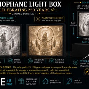 May include: A rectangular lithophane light box featuring a wolf howling at the moon within a dreamcatcher design and the text Follow Your Spirit. It measures 7.68 inches wide by 8.69 inches high by 1.97 inches deep, is 5V USB powered, and offers cool or warm white LED lighting options.