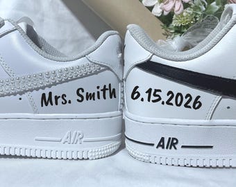 Pearl Bow Couple Wedding Sneakers, Custom Bride Groom Reception Shoes, Personalized Name Date Trainers with Satin Laces, After Party Gift