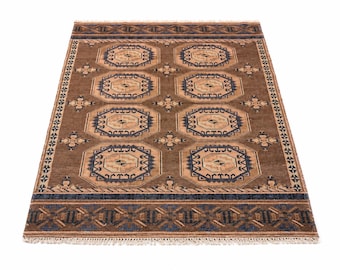 Vintage Turkmen Rug – Brown Geometric Tribal Area Rug, Wool Home Decor