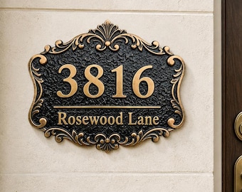 Placa de endereço personalizada em alumínio maciço, placa com número de casa personalizada, placa de rua em metal, decoração de entrada vitoriana à prova de ferrugem, presente para casa nova