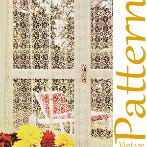 May include: Vintage crochet curtain pattern from the 1970s. The pattern features a repeating star design. The curtain is white and is hanging in a window. There is a red chair and flowers in the background.