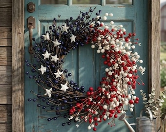 Red Star Sunflower Bee Wreath, Patriotic Front Door Wreath, Floral Garland Wall Hanging, Farmhouse Window Decor, 45cm