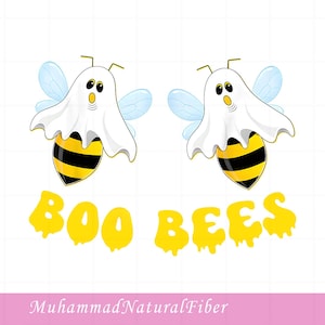 May include: Two cartoon bees wearing white ghost costumes with light blue wings, black and yellow striped bodies, and large eyes. Below the bees, the text BOO BEES is written in a dripping, bright yellow font against a plain white background.