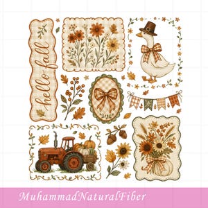 May include: A collection of autumn-themed stickers featuring a goose in a pilgrim hat, a red tractor with pumpkins, floral arrangements, a bow, and a banner. The text "hello fall" is written in cursive on a scalloped rectangular sticker.