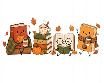 May include: A digital illustration featuring anthropomorphic books with smiling faces, including a red book with a pumpkin, a stack of books topped with a mug, an open book wearing glasses, and an orange book wearing a scarf, surrounded by autumn leaves.