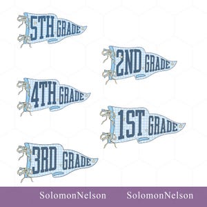 May include: A set of five pennant-shaped graphics featuring a light blue and white gingham pattern. Each pennant displays dark blue text reading 1st Grade, 2nd Grade, 3rd Grade, 4th Grade, and 5th Grade, accented with small stars and tied ribbons.