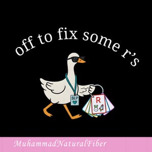 May include: A white goose wearing black sunglasses and a teal lanyard with an SLP badge featuring a heart. The goose holds a ring of colorful flashcards, one showing the letter R with a rabbit and rocket. The text reads off to fix some r's.