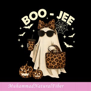 May include: A graphic illustration on a black background featuring a white ghost wearing black sunglasses and a leopard print bow. The ghost holds a leopard print cup and handbag, standing next to two leopard print pumpkins with bats and a spiderweb.