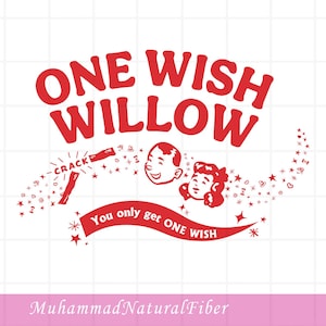 May include: A red graphic design on a white grid background featuring the text ONE WISH WILLOW, a cracked stick with the word CRACK, two smiling faces, and a banner with the text You only get ONE WISH, surrounded by small stars and symbols.