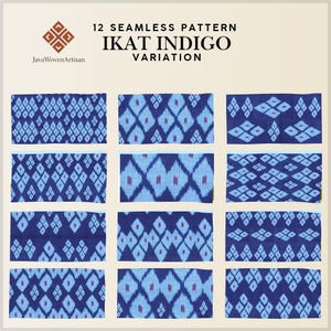 Könnte beinhalten: Eine digitale Anzeige mit 12 nahtlosen Mustervariationen in Indigo- und hellblauen Ikat-Designs. Der Text oben lautet 12 SEAMLESS PATTERN IKAT INDIGO VARIATION, mit dem JavaWovenArtisan-Logo in der oberen linken Ecke.