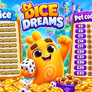Op de afbeelding: Een digitale spelinterface genaamd Dice Dreams met een geel personage dat een witte dobbelsteen vasthoudt. Twee zijpanelen tonen prijslijsten in ponden voor dobbelstenen en koekjes, met waarden variërend van 5 tot 32 en 100.000 tot 350.000.