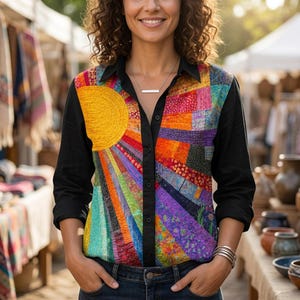 May include: A long-sleeved black button-down shirt featuring a vibrant, quilted front panel with a large yellow sun design and radiating multicolored rays in shades of orange, red, purple, blue, and green, paired with dark blue denim jeans.