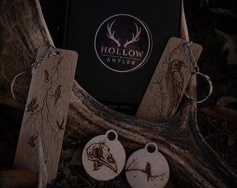 Antler Collection - Set of 4 laser-engraved wooden pendants, 3 keychains, and 2 bookmarks. Handmade wooden forest accessories.