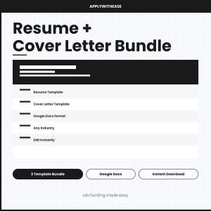 May include: A digital document template bundle titled Resume + Cover Letter Bundle. The white background features a black grid pattern. Text includes Resume Template, Cover Letter Template, Google Docs format, Any industry, Edit instantly, and Job hunting made easy.