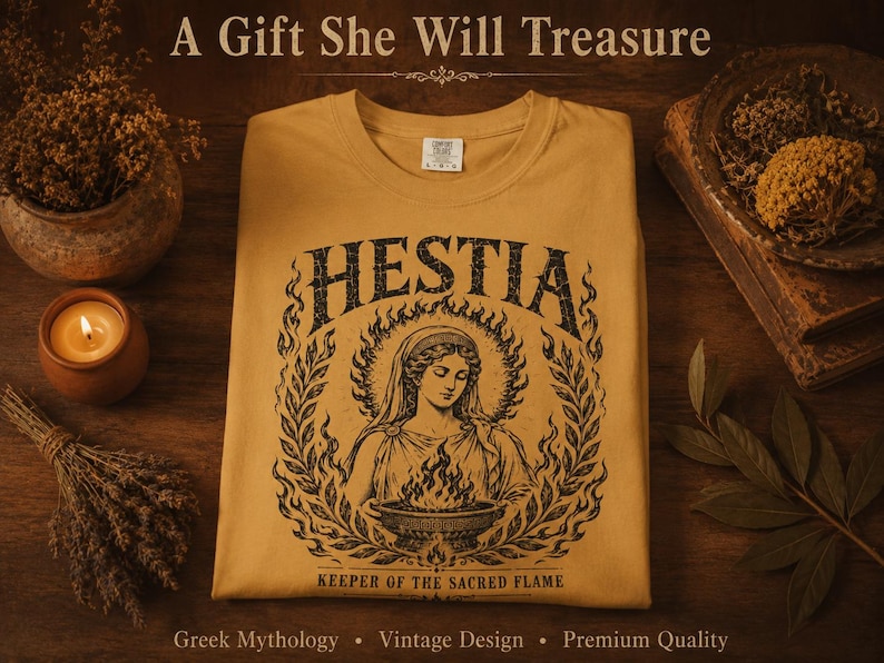 May include: Mustard-colored t-shirt featuring a black graphic of Hestia, the Greek goddess of the hearth, surrounded by flames and laurel leaves. The text "HESTIA" and "KEEPER OF THE SACRED FLAME" are also displayed. The shirt is on a wooden surface.