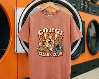 コーギーシャツ、おもしろい犬のグラフィックTシャツ、レトロなコーギーカオスクラブ
