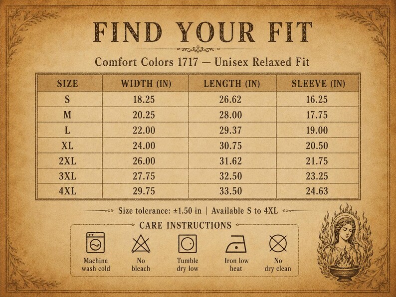 May include: A tan chart with the text "FIND YOUR FIT" and size measurements for a unisex relaxed fit shirt. The chart includes size, width (in), length (in), and sleeve (in) measurements, along with care instructions.