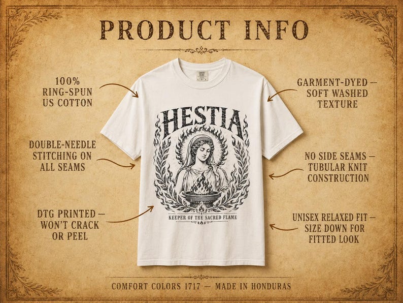 May include: Cream-colored t-shirt featuring a graphic of Hestia, the Greek goddess of the hearth, surrounded by a laurel wreath. The text "HESTIA" is above the image, with "KEEPER OF THE SACRED FLAME" below. The shirt is made of 100% ring-spun US cotton.