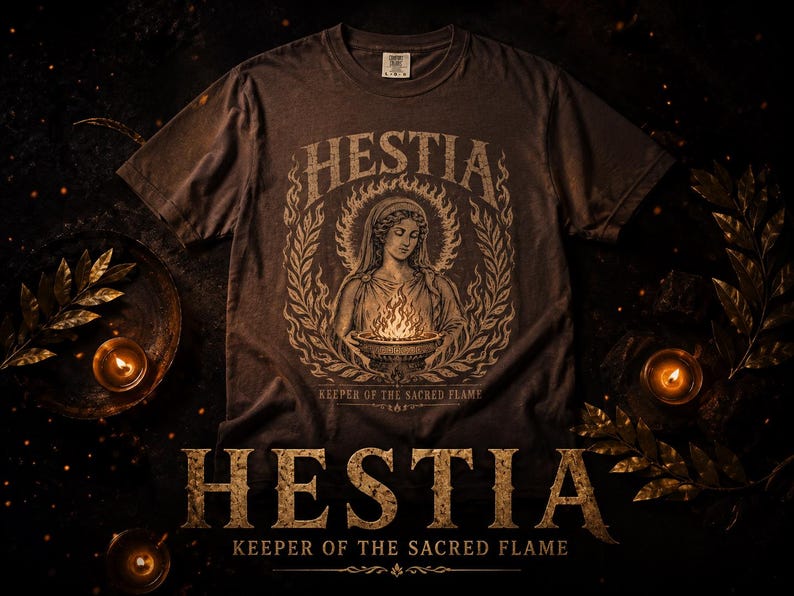 May include: Brown t-shirt featuring a detailed graphic of Hestia, the Greek goddess of the hearth, surrounded by a laurel wreath. The text "Hestia, Keeper of the Sacred Flame" is displayed in a vintage style.
