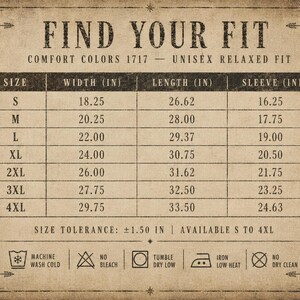 May include: A vintage-style chart with the text "FIND YOUR FIT" and size measurements for a unisex relaxed fit garment. The chart includes sizes S to 4XL, with width, length, and sleeve measurements in inches. Washing instructions are also included.