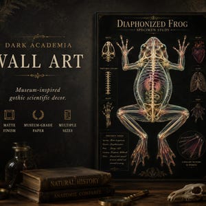 May include: A rectangular wall art print titled Diaphonized Frog Specimen Study, featuring a detailed anatomical illustration of a frog with visible skeletal and internal structures against a black background, accompanied by scientific labels and text.