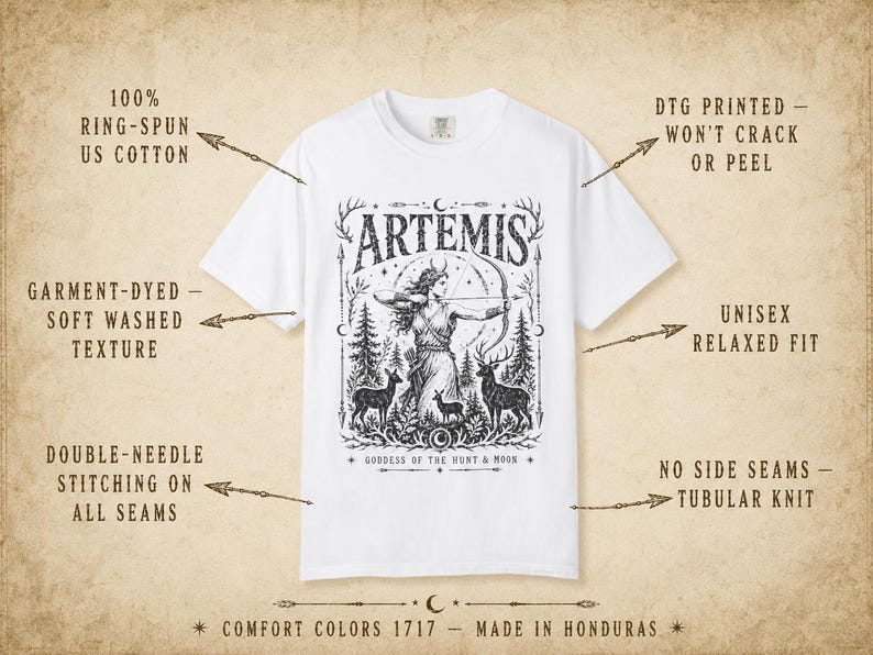 May include: White t-shirt with a black graphic of Artemis, the Greek goddess of the hunt, with a bow and arrow, surrounded by deer and trees. The word "ARTEMIS" is at the top. The shirt is made of ring-spun cotton and has a unisex relaxed fit.