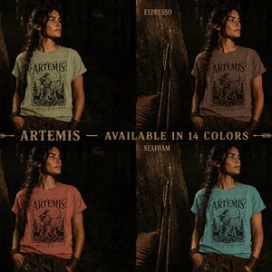 May include: A woman wearing a light green t-shirt with the word "ARTEMIS" and a graphic design. The image also shows the same t-shirt in espresso, terracotta, and seafoam colors. Text on the image says "AVAILABLE IN 14 COLORS."