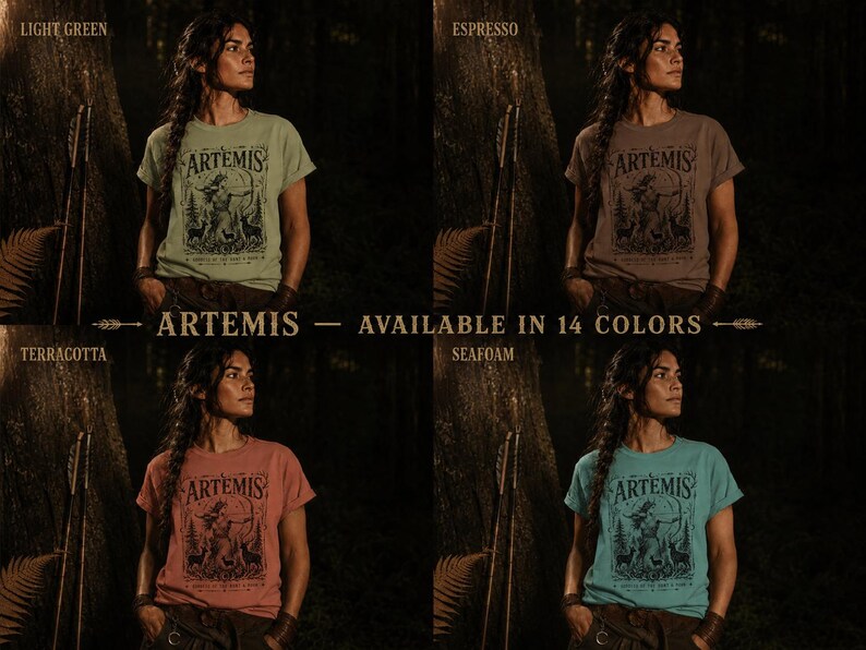 May include: A woman wearing a light green t-shirt with the word "ARTEMIS" and a graphic design. The image also shows the same t-shirt in espresso, terracotta, and seafoam colors. Text on the image says "AVAILABLE IN 14 COLORS."