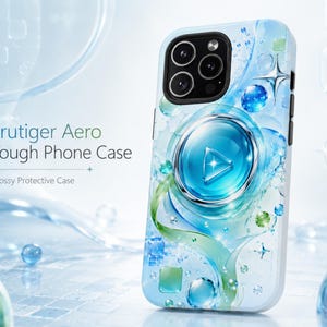 May include: A glossy phone case featuring a Frutiger Aero design with blue and green bubbles, swirling liquid patterns, and a central play button icon. The text on the case reads Frutiger Aero Tough Phone Case and Glossy Protective Case.