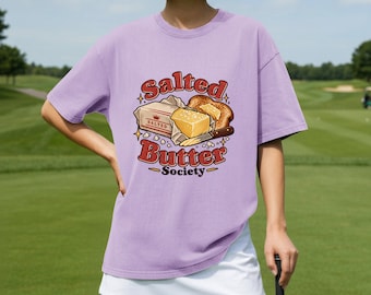 ソルテッドバターTシャツ（女性用）、ソルテッドバターソサエティレトロフードグラフィックTシャツ、パン職人へのギフト