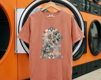 Koszula z mozaiką z jałowca, koszulka vintage z motywem botanicznym, top z grafiką retro garden