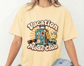 女性用バケーションシャツ、バケーションモードクラブレトロトラベルグラフィックTシャツ、彼女への旅行ギフト