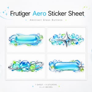 May include: A sticker sheet titled Frutiger Aero Sticker Sheet Abstract Glass Buttons containing four glossy, blue and green bubble-themed stickers with metallic star accents. The sheet measures 6 x 4 inches and features a variety of abstract shapes.
