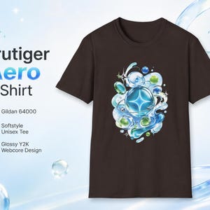 May include: A brown t-shirt featuring a graphic design with blue and green water-like elements and a central starburst. The text "Frutiger Aero T-Shirt" is displayed in blue and white. Additional text includes "Gildan 64000", "Softstyle Unisex Tee", and "Glossy Y2K Webcore Design".