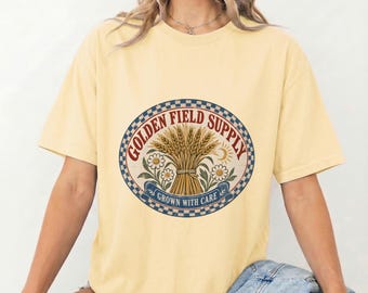 飼料袋生地のシャツ、ヴィンテージファームラベルTシャツ、コテージコア風小麦柄グラフィック