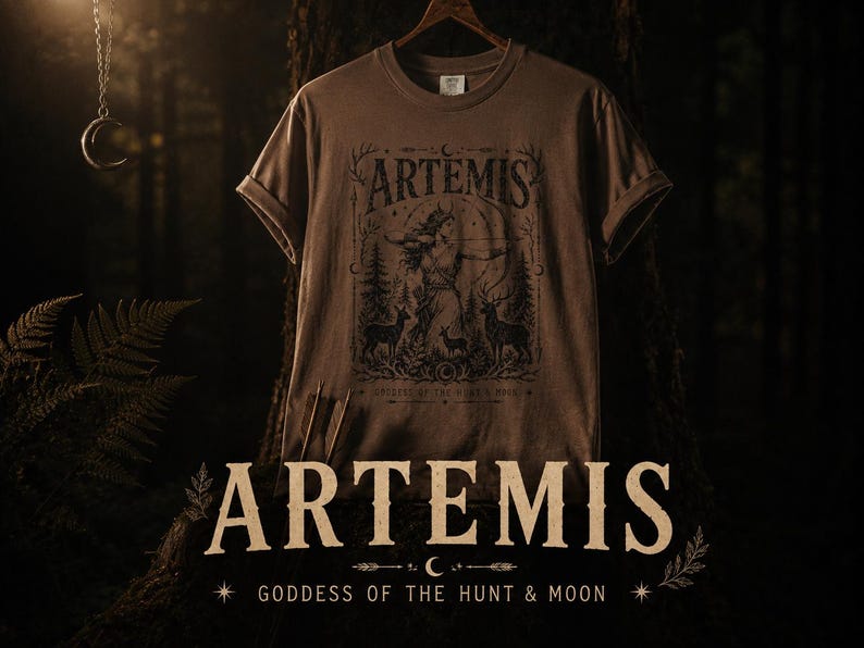 May include: A brown t-shirt featuring a detailed graphic of Artemis, the Greek goddess of the hunt and moon, with deer and forest elements. The word "ARTEMIS" is prominently displayed above the illustration, with "Goddess of the Hunt & Moon" below.