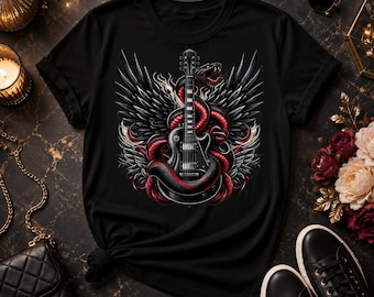 Rock Guitar Snake Wings SVG PNG, Gothic Skull Guitar T-Shirt Design, Rock N Roll Metal Music Graphic, Snake Tattoo Style Digital Download