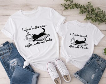 Life is Better with Coffee Cats and Books PNG SVG, Black Cat Lover Design, Cat Reading Book Sublimation, Funny Cat Quote Digital Download