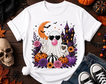 Boho Halloween Ghost SVG PNG, Cute Ghost Sunglasses Bubblegum Design, Retro Floral Pumpkin Sweatshirt, Spooky Season Digital Download