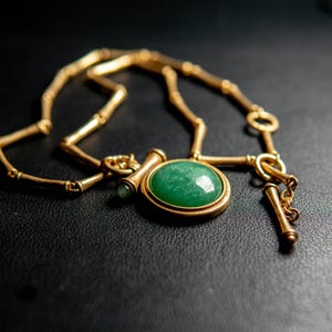 May include: A gold-toned necklace featuring a central circular pendant with a smooth, polished green stone. The chain is composed of interconnected cylindrical segments, and the piece includes a toggle clasp closure with a small green bead accent.