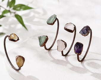 Raw Crystal Copper Cuff Bracelet, Natural Stone Boho Jewelry, Adjustable Artisan Bangle