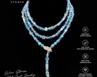 Iridescent Crystal Bead Necklace, 85cm Long Statement Jewelry with Leaf Clasp