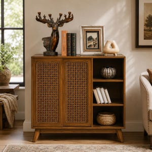 May include: A wooden cabinet with two doors featuring woven cane panels and three open shelves on the right side. The top surface holds a bronze-coloured deer sculpture, two books, a framed picture, and a beige ceramic object.