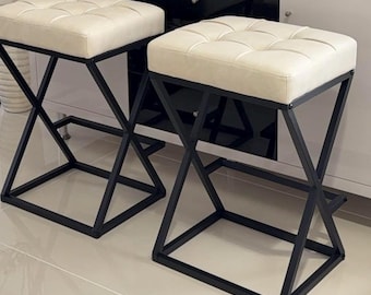 Counter Height Bar Stools Set of 2, Backless Kitchen Island Stools with X Frame Metal Legs Faux Leather Seat Cream White